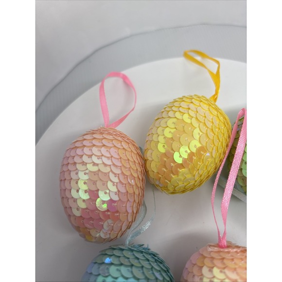 Lot 7 Sequin Easter Egg Ornaments Shiney Spring Decor Tree Ornaments Lightweight - Picture 7 of 10